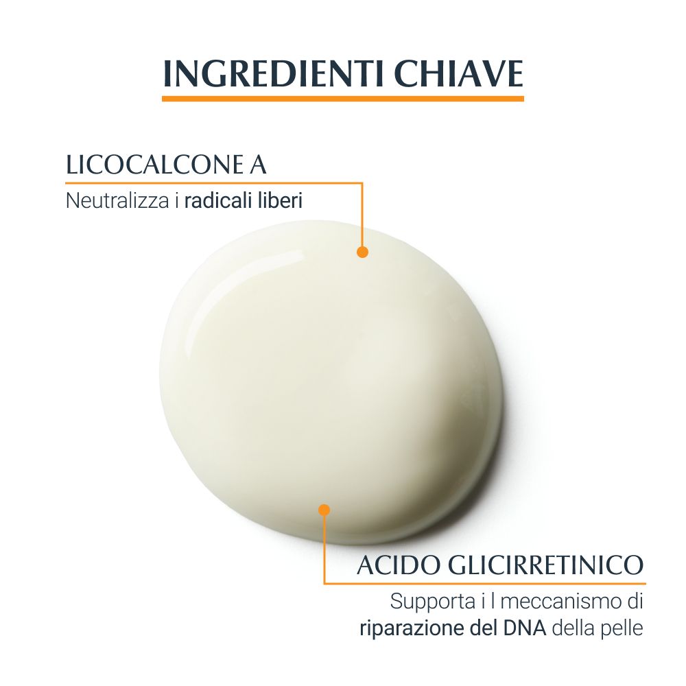 Nahaufnahme einer Creme. Text: Hauptinhaltsstoffe: Licochalcone A, Glycyrrhetinsäure.