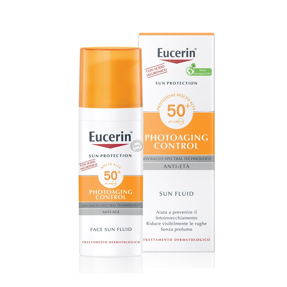 Eucerin Sun Photoaging Control Face Fluid LSF 50. Flacone bianco con tappo arancione. Nome del prodotto e marchio visibili.
