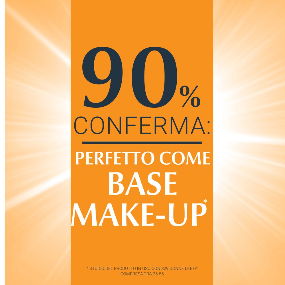 Testo su sfondo arancione: Il 90% conferma: Perfetto come base make-up.