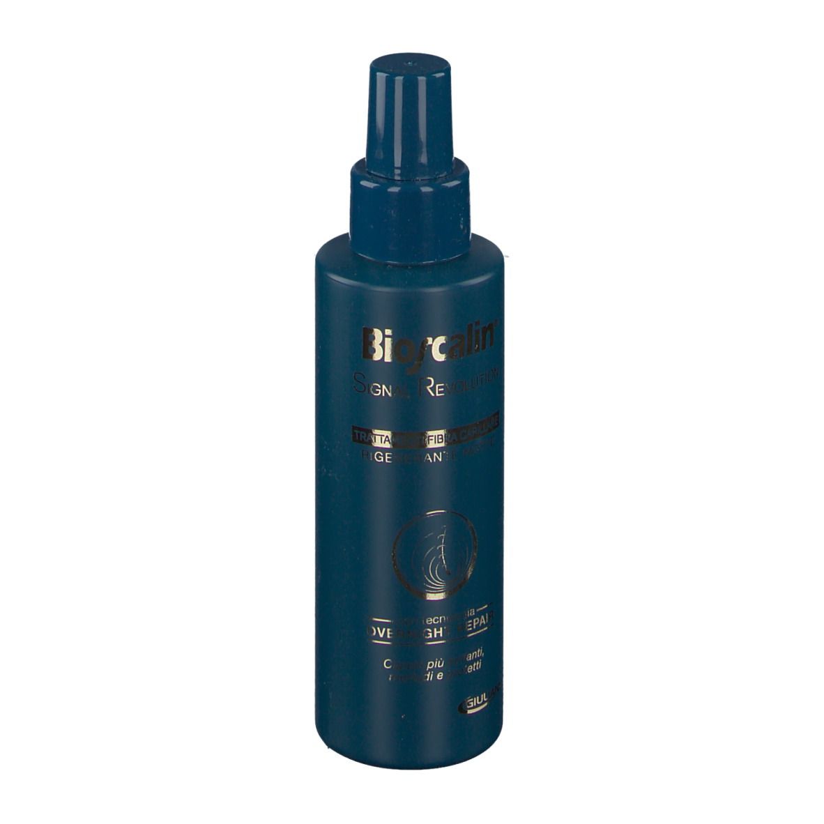 Flacone spray blu con testo. Scritta: Bioscalin Signal Revolution.