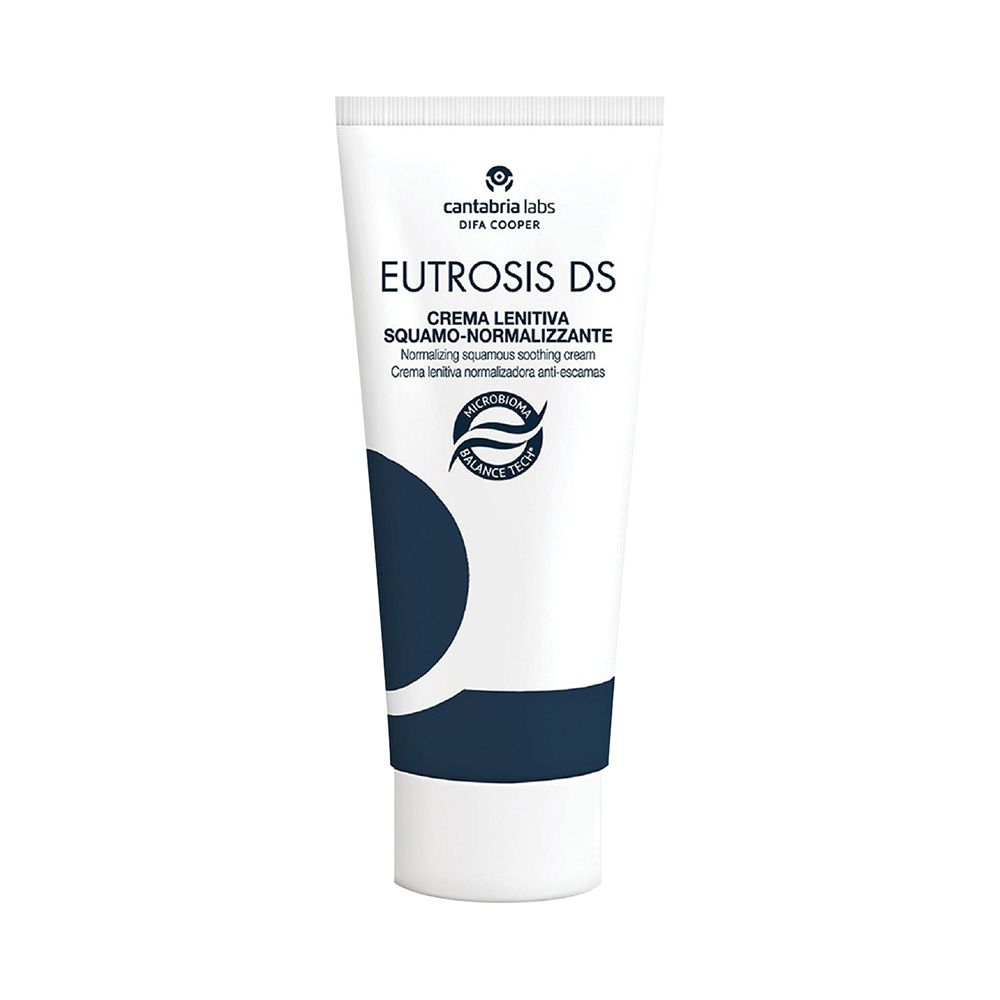 Tubo crema bianco con nome prodotto e logo. Design blu. Testo: Eutrosis DS, Crema lenitiva squamo-normalizzante.