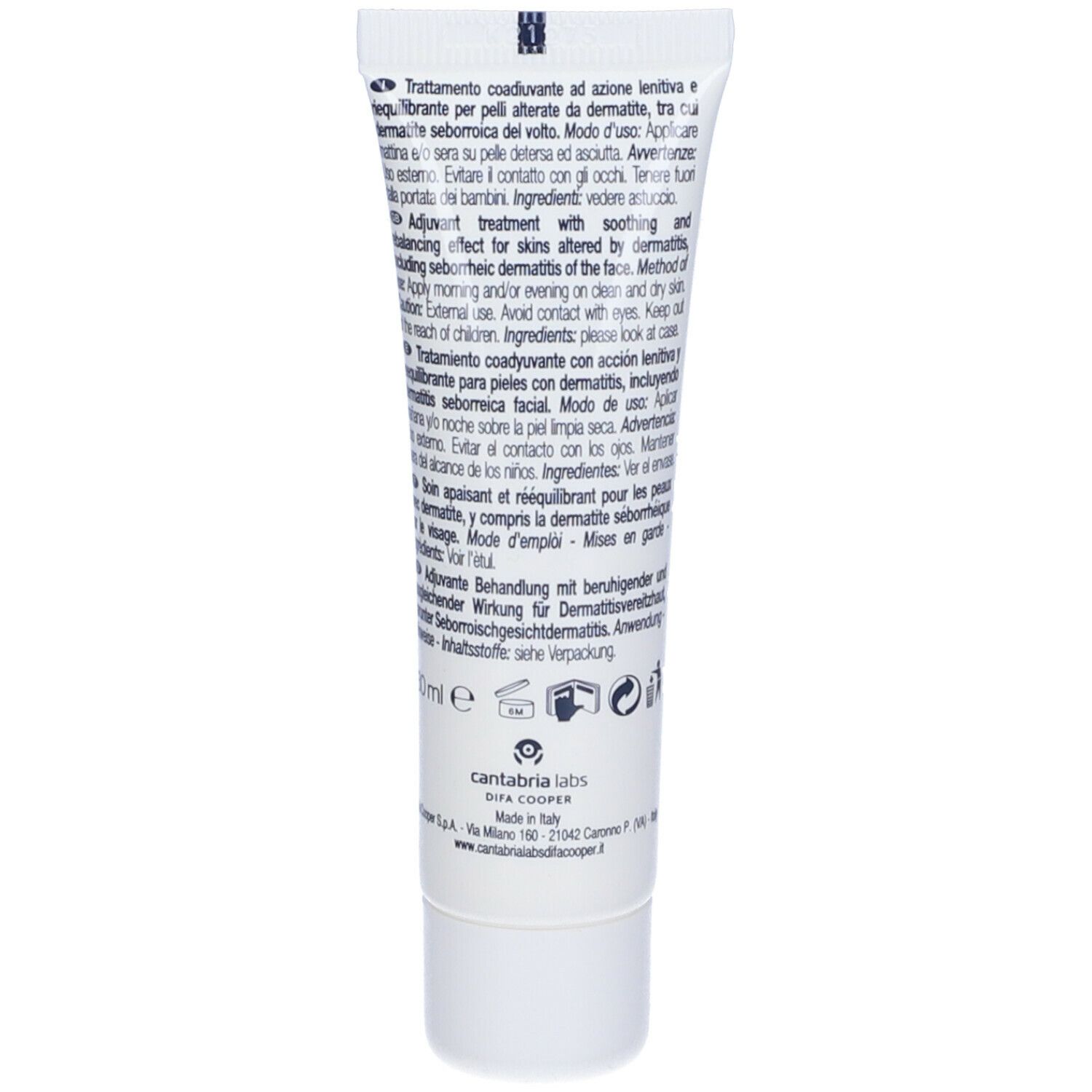 Retro del tubo crema. Testo multilingue. Logo e informazioni del produttore.