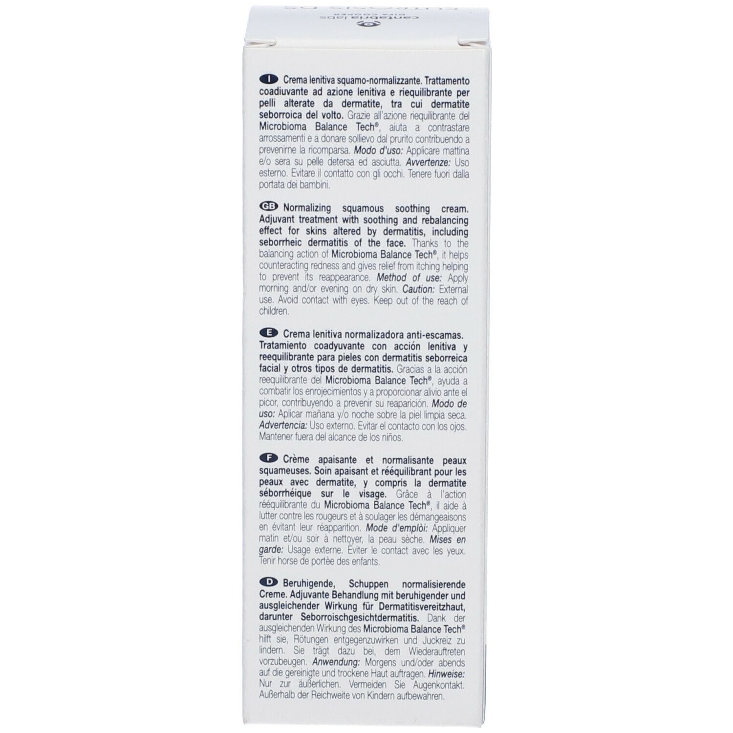Retro della confezione del prodotto. Testo multilingue. Informazioni del produttore.