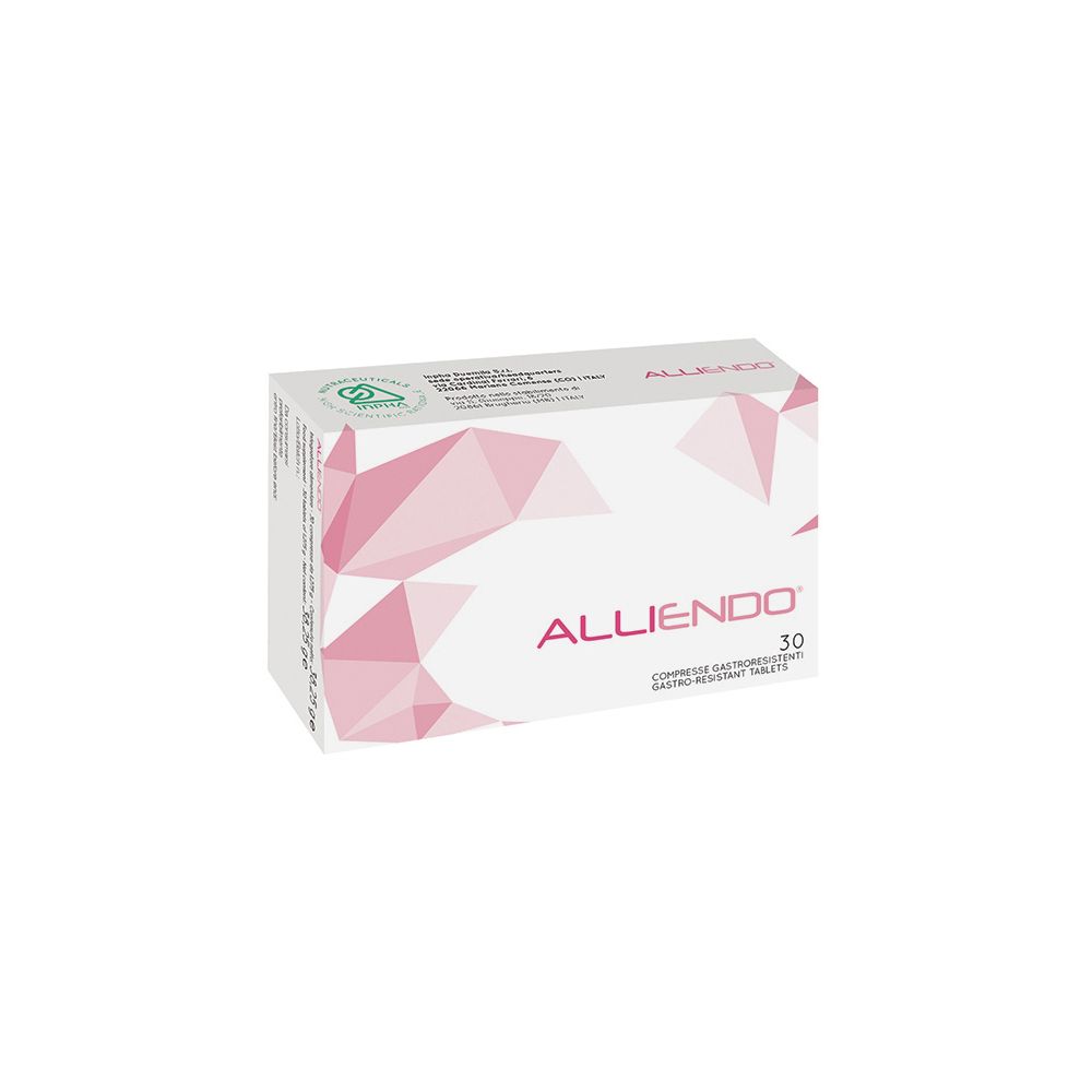 Scatola "ALLIENDO" con 30 compresse. Motivo geometrico rosa su sfondo bianco. Logo verde e bianco.