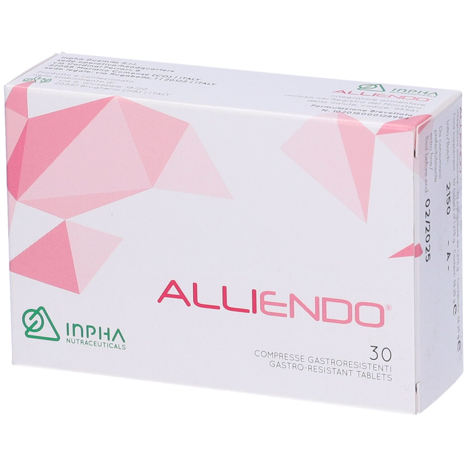 Scatola "ALLIENDO" con 30 compresse. Motivo geometrico rosa su sfondo bianco. Logo INPHA. Testo rosso.