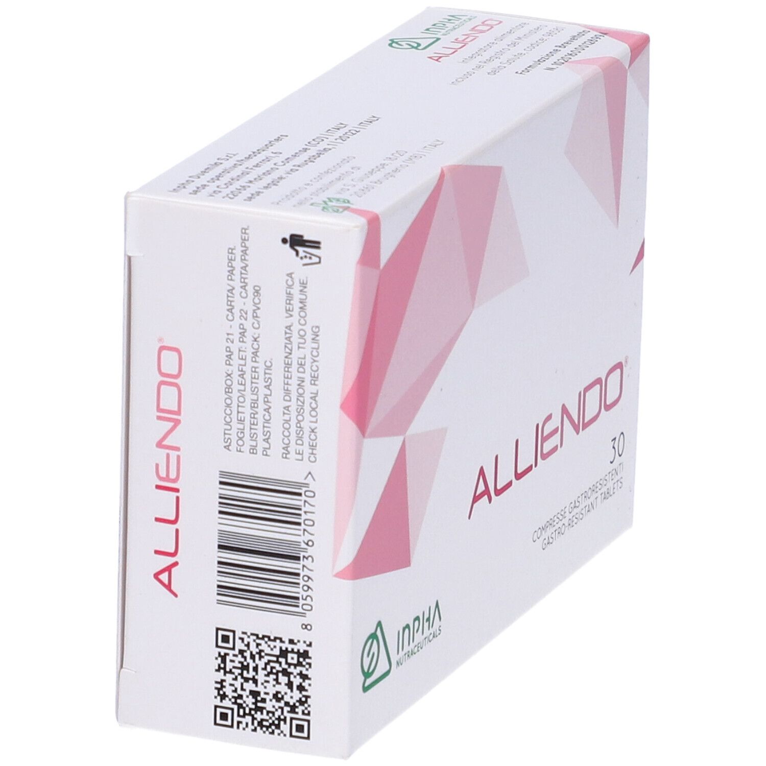 Scatola "ALLIENDO" con 30 compresse. Motivo geometrico rosa. Codice a barre e QR. Logo INPHA. Testo rosso.