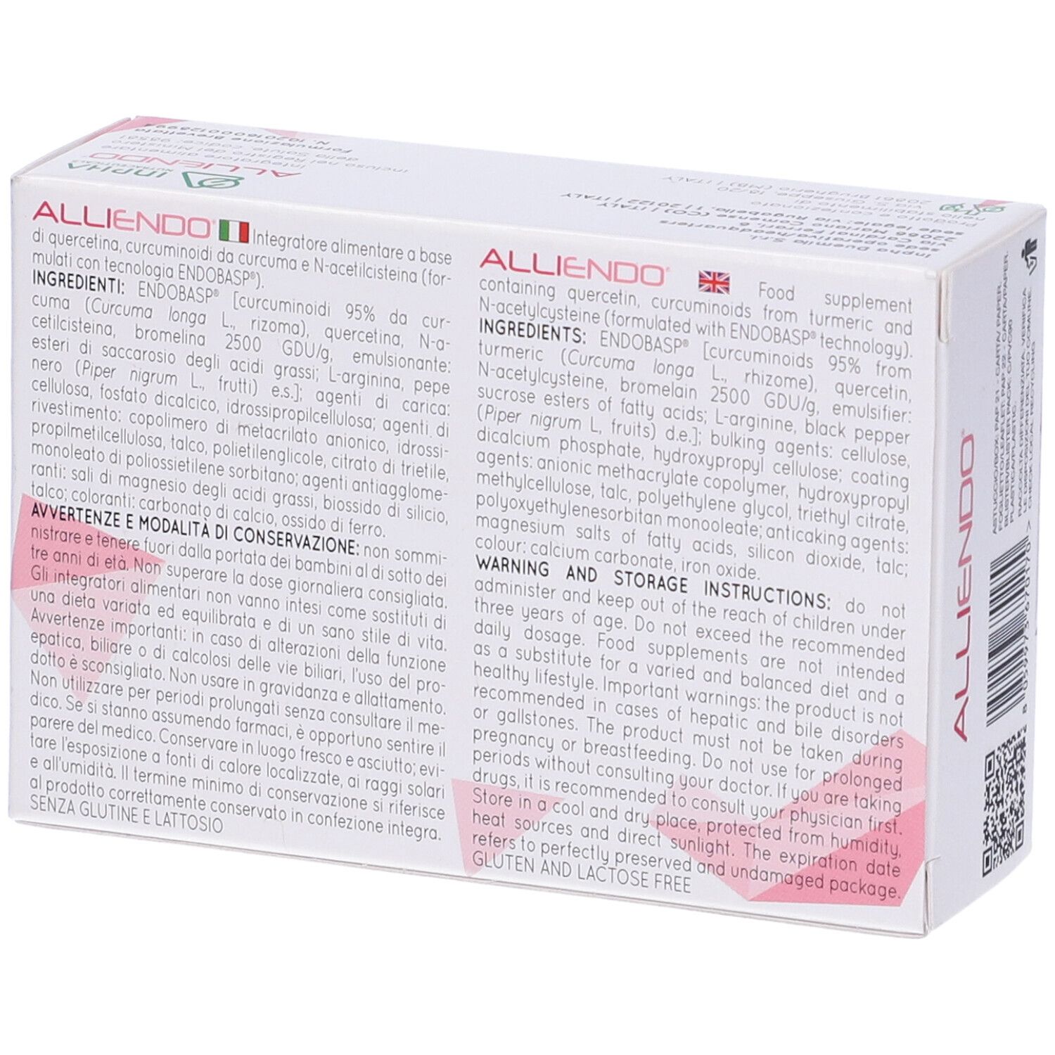 Retro della confezione "ALLIENDO". Testo multilingue. Ingredienti e avvertenze. Logo INPHA.