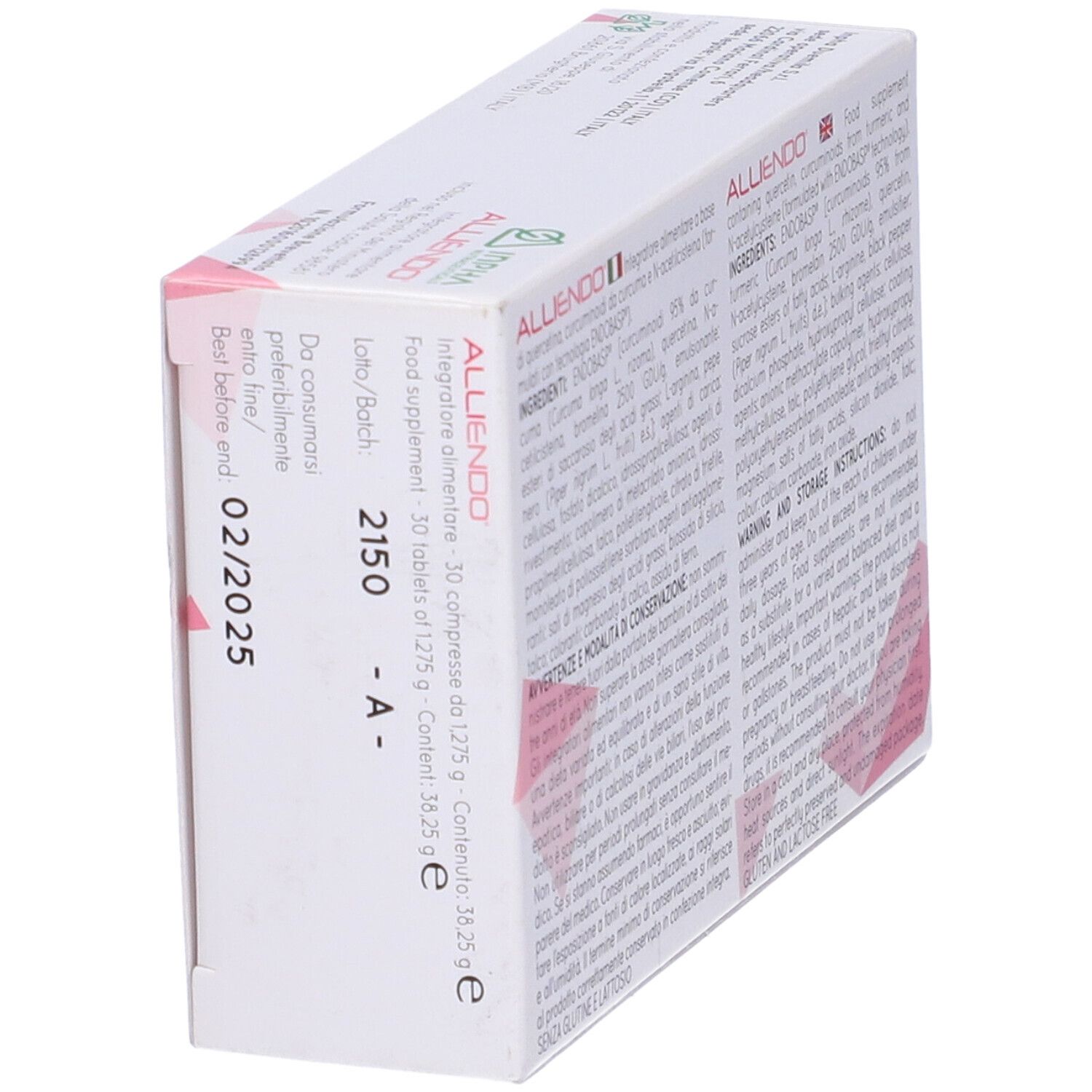 Lato della confezione "ALLIENDO". Testo, numero di lotto e scadenza. Motivo geometrico rosa.