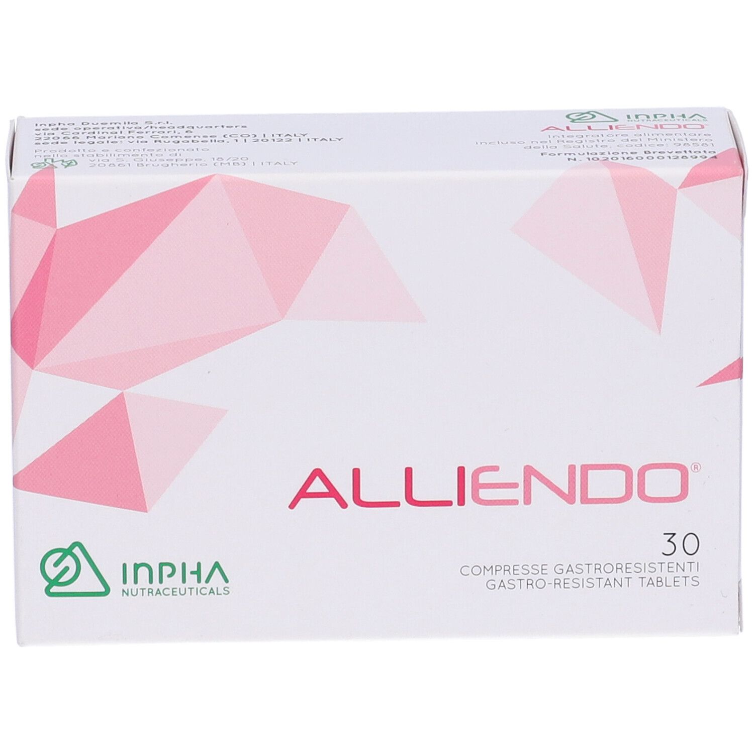 Scatola "ALLIENDO" con 30 compresse. Motivo geometrico rosa su sfondo bianco. Logo INPHA. Testo rosso.
