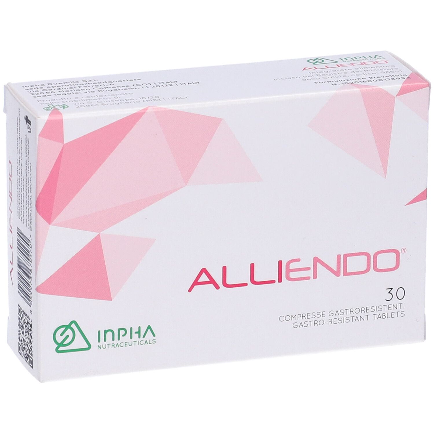 Scatola "ALLIENDO" con 30 compresse. Motivo geometrico rosa su sfondo bianco. Logo INPHA. Testo rosso.