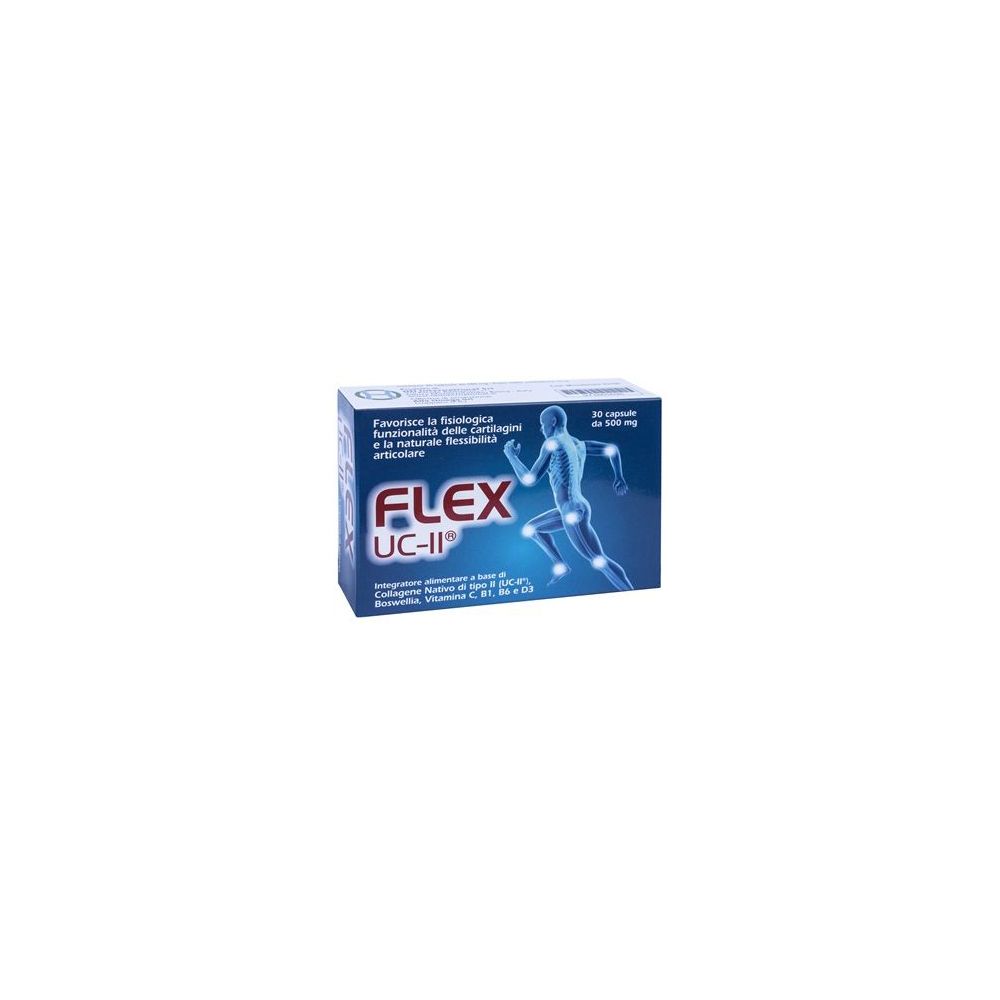 Scatola blu e bianca con FLEX UC-II. Contiene 30 capsule da 500 mg. Illustrazione di un uomo in corsa.