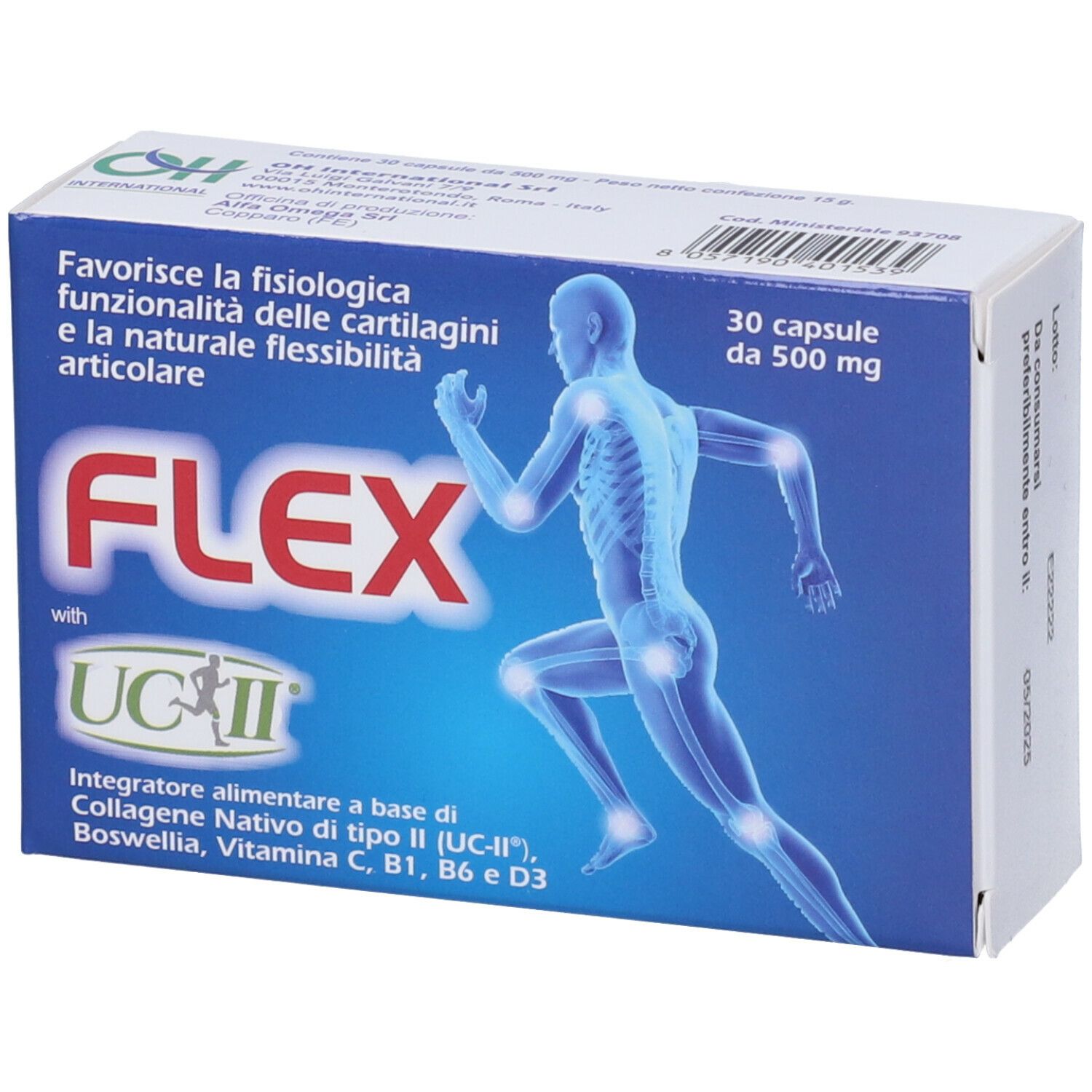 Scatola blu e bianca con FLEX UC-II. Contiene 30 capsule da 500 mg. Illustrazione di un uomo. Testo: 'Integratore alimentare'.