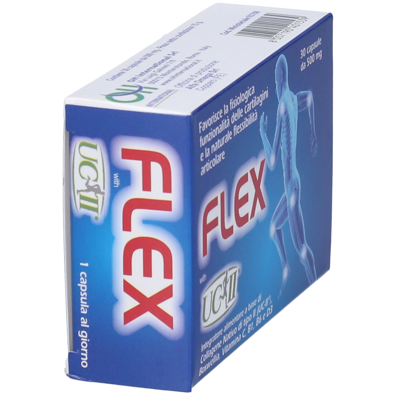 Scatola FLEX UC-II, 1 capsula al giorno. Confezione blu e bianca. Testo: 'Integratore alimentare'.