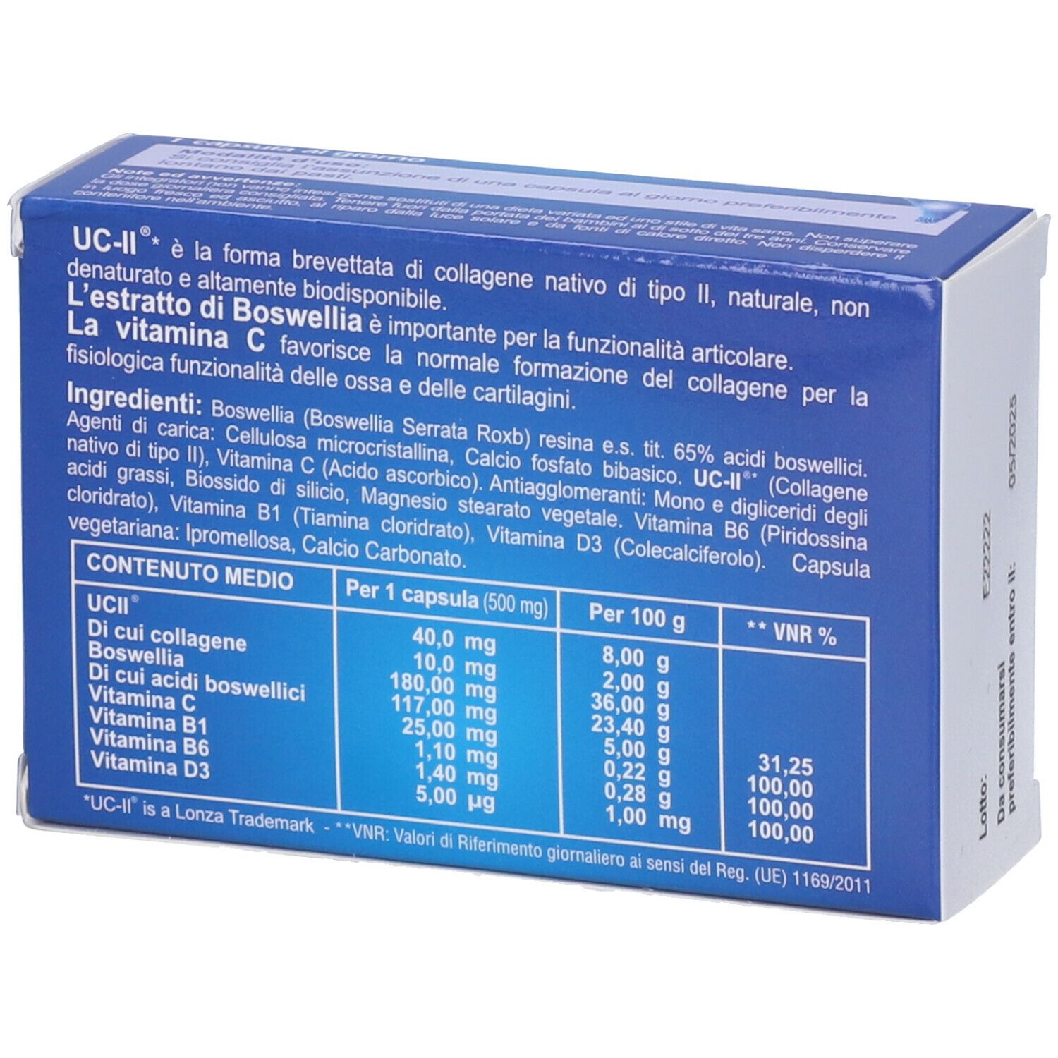 Retro della confezione FLEX UC-II. Contiene ingredienti e informazioni nutrizionali. Testo in italiano.