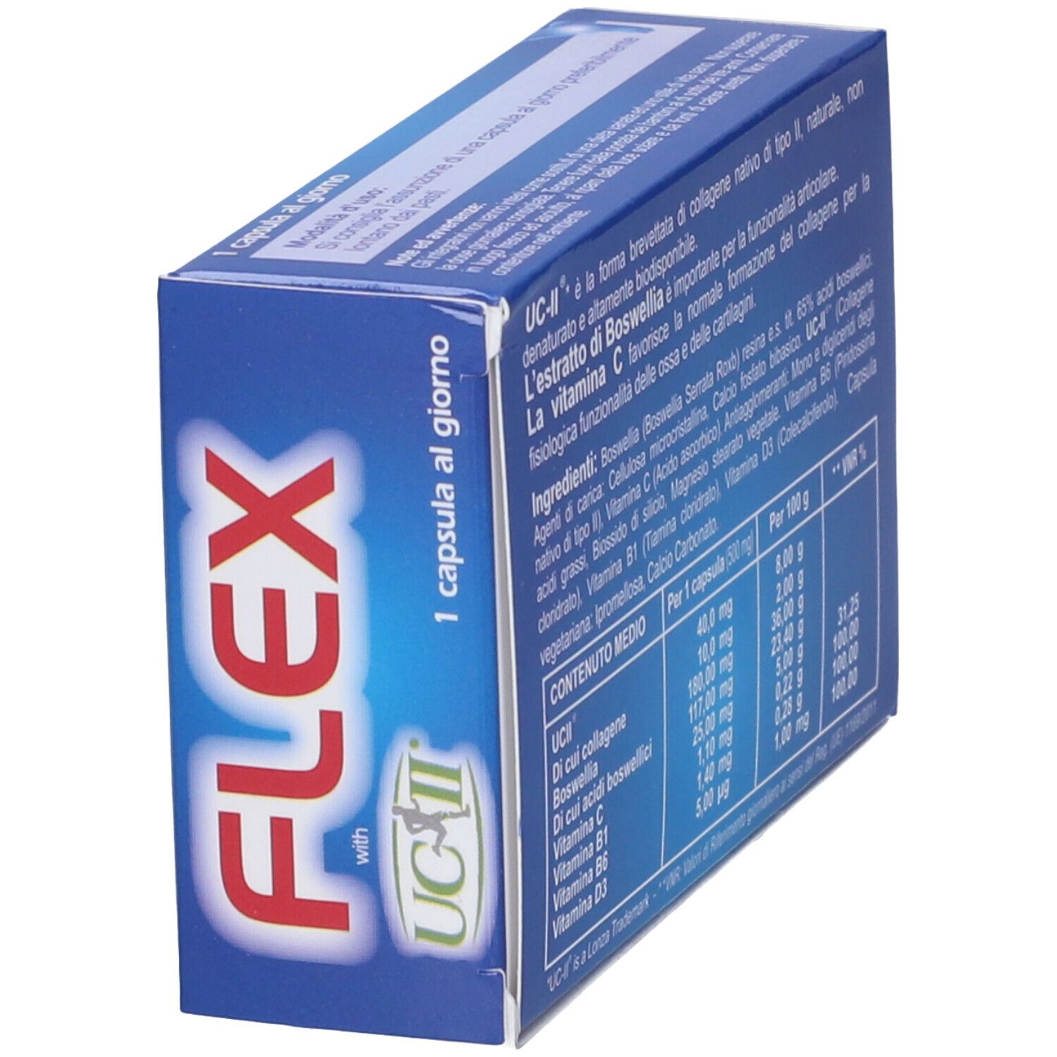Scatola FLEX UC-II, 1 capsula al giorno. Confezione blu e bianca. Contiene ingredienti e informazioni nutrizionali.