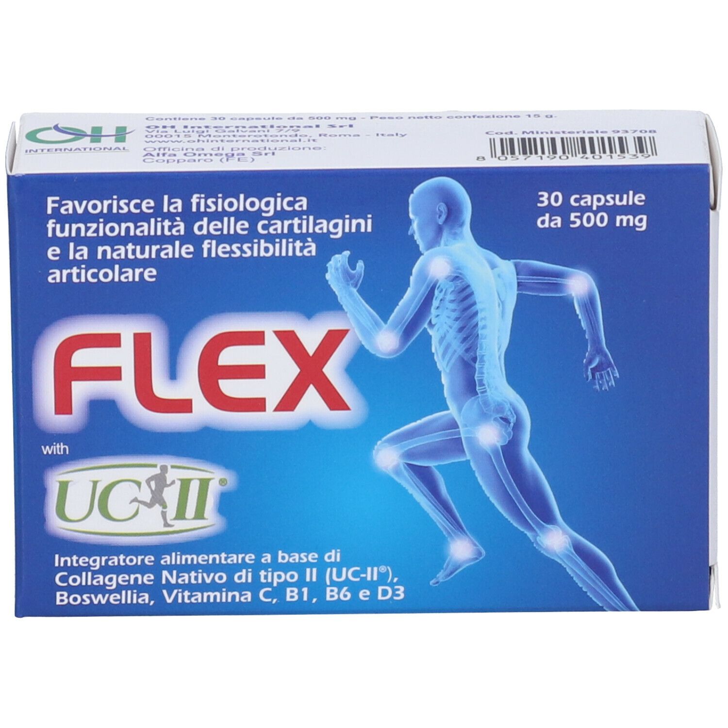 Scatola blu e bianca con FLEX UC-II. Contiene 30 capsule da 500 mg. Illustrazione di un uomo. Marchio OH International.