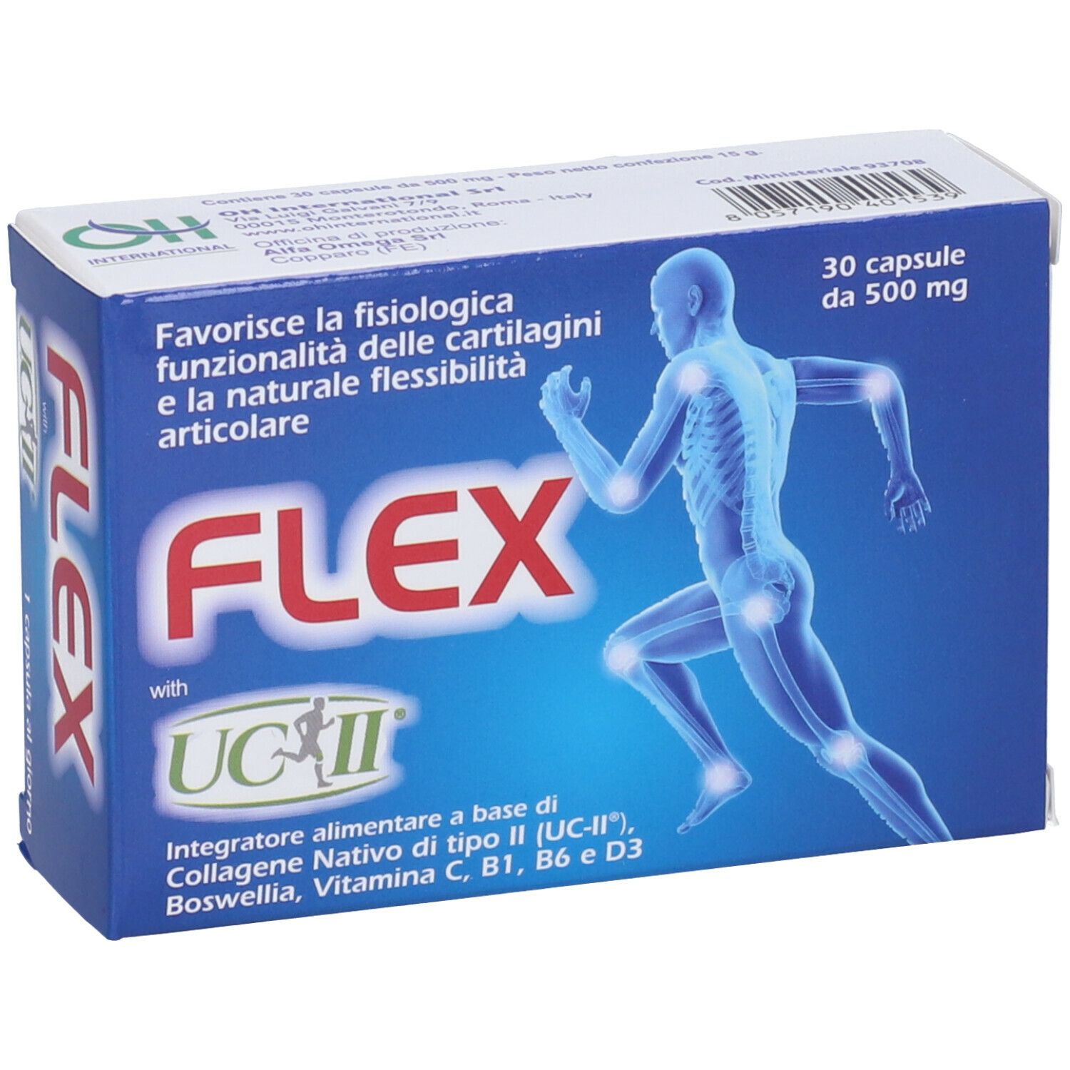 Scatola blu e bianca con FLEX UC-II. Contiene 30 capsule da 500 mg. Illustrazione di un uomo. Marchio OH International.