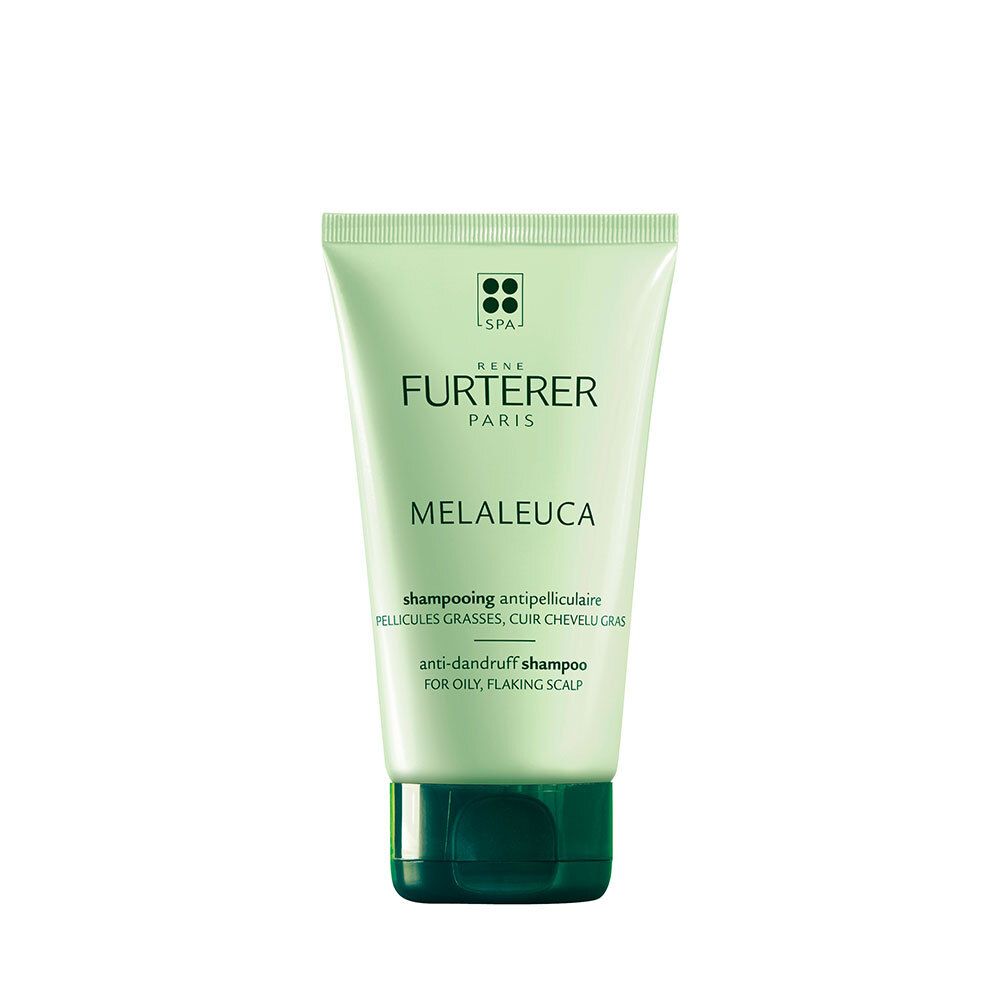 Tube vert clair avec texte RENE FURTERER PARIS, MELALEUCA et texte antipelliculaire. Bouchon vert foncé.