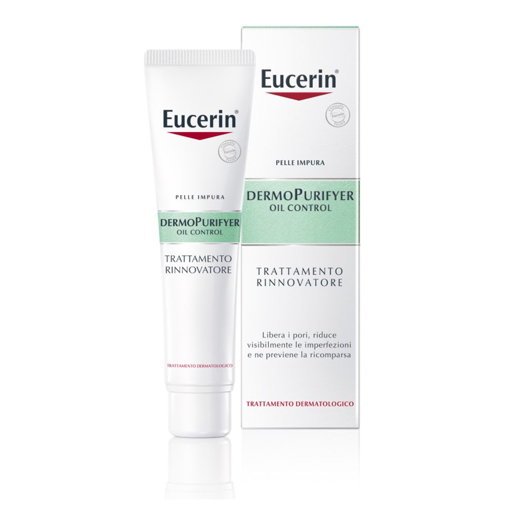 Eucerin DermoPurifyer Oil Control. Tube et emballage. Blanc, vert et rouge. Texte : Trattamento Rinnovatore.