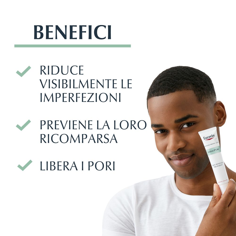 Homme tenant Eucerin DermoPurifyer Oil Control. Texte : Réduit les imperfections, prévient leur réapparition, ouvre les pores.
