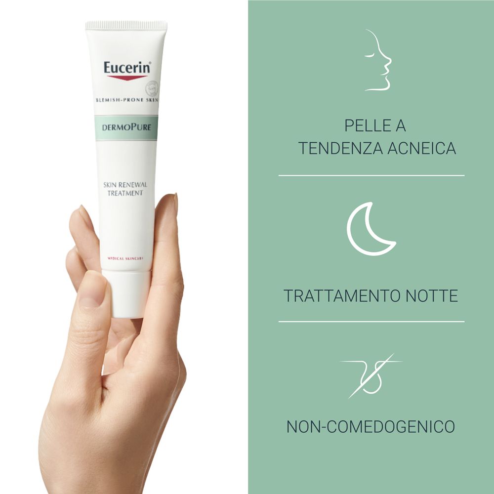 Main tenant Eucerin DermoPurifyer Oil Control. Texte : Peau à tendance acnéique, traitement de nuit, non comédogène.
