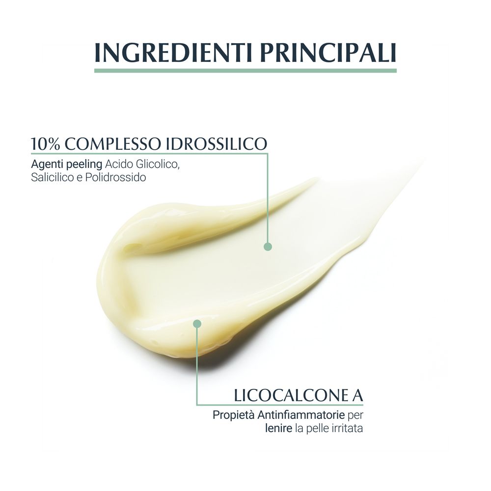 Texture du produit. Texte : 10% Complexe Hydroxy, acide glycolique, acide salicylique, polidrossido. Licochalcone A.