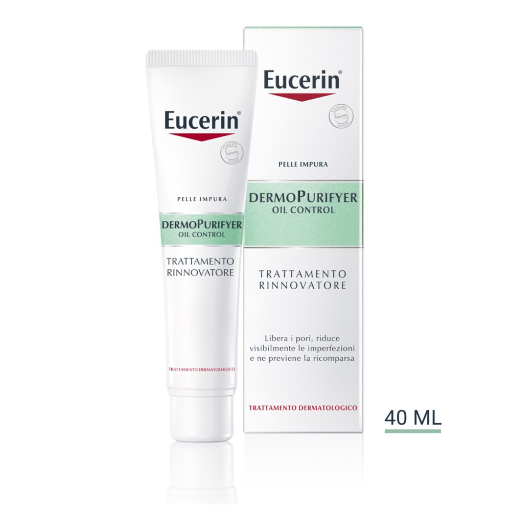 Eucerin DermoPurifyer Oil Control. Tube et emballage. Blanc, vert et rouge. Texte : Trattamento Rinnovatore. 40 ml.