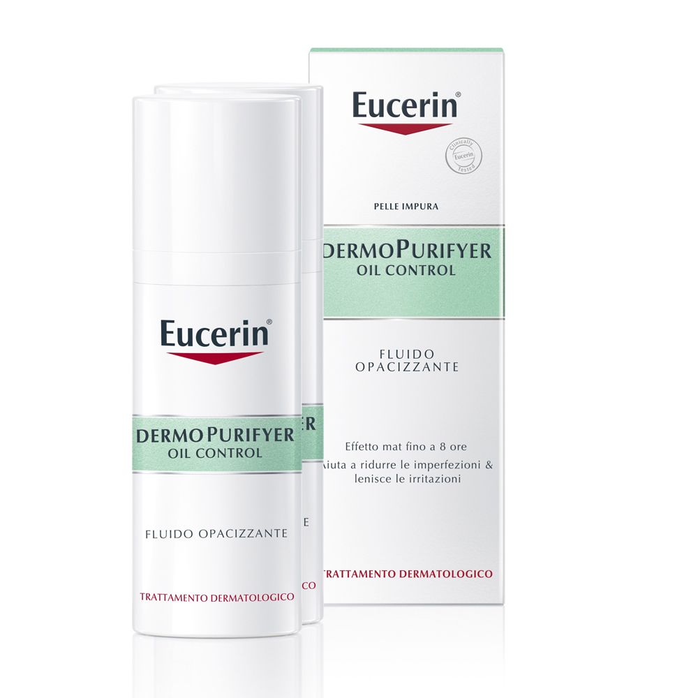 Tre flaconi bianchi e una scatola. Sui flaconi c'è scritto Eucerin DermoPurifyer Oil Control. Il nome è anche sulla scatola.