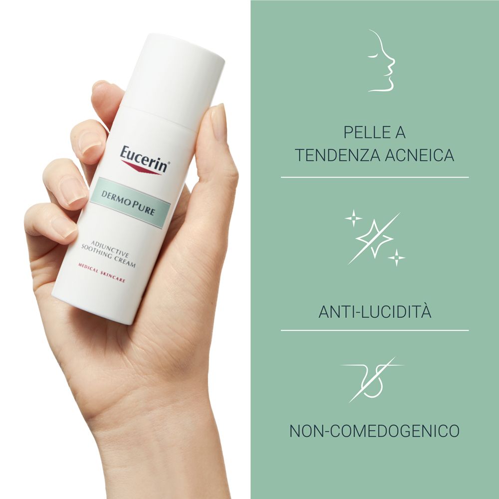 Mano che tiene un flacone bianco. Sul flacone c'è scritto Eucerin DermoPure. Testo: Pelle a tendenza acneica, anti-lucidità, non comedogenico.