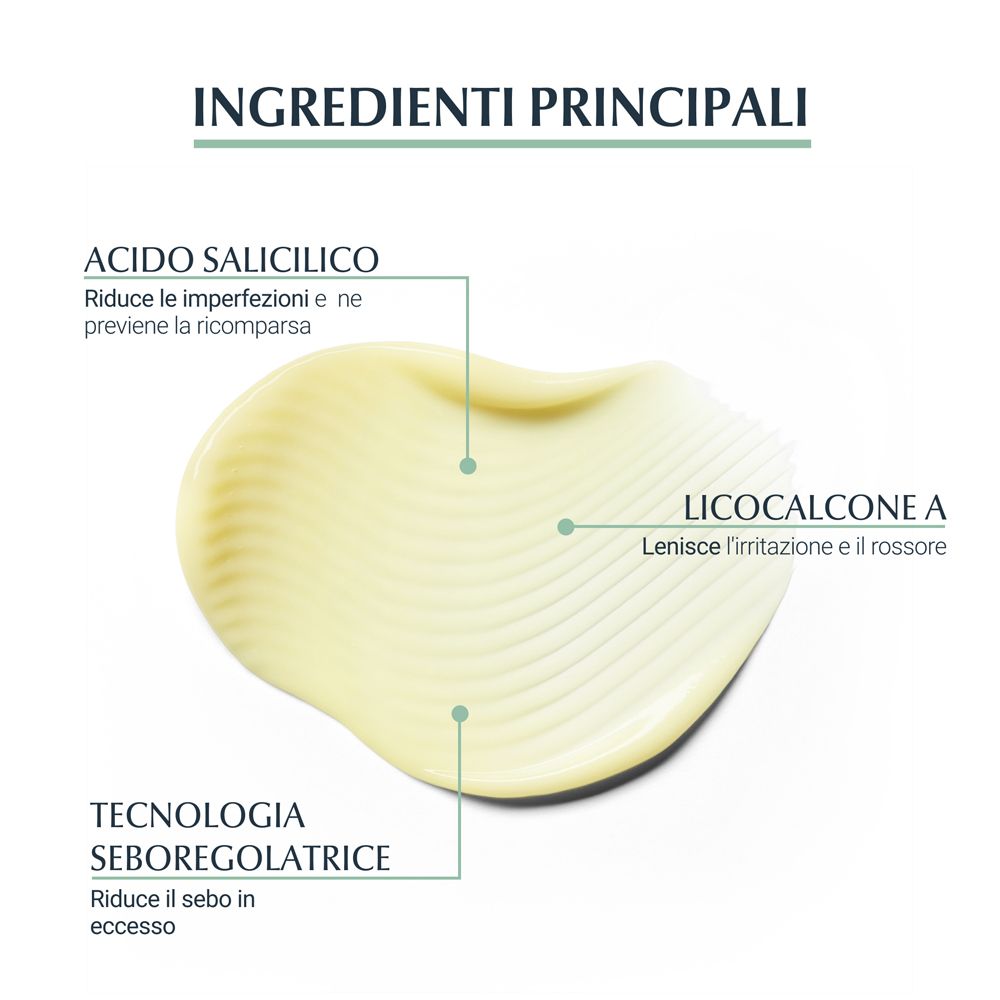 Primo piano di una crema gialla. Testo: Acido salicilico, Licochalcone A, tecnologia sebo-regolatrice.