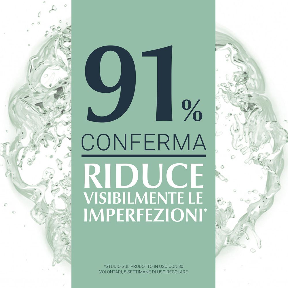 Testo: Il 91% conferma, riduce visibilmente le imperfezioni. L'acqua schizza sullo sfondo.