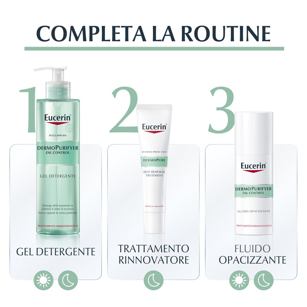 Tre prodotti: gel detergente, trattamento rinnovatore, fluido opacizzante. Tutti i prodotti sono di Eucerin.