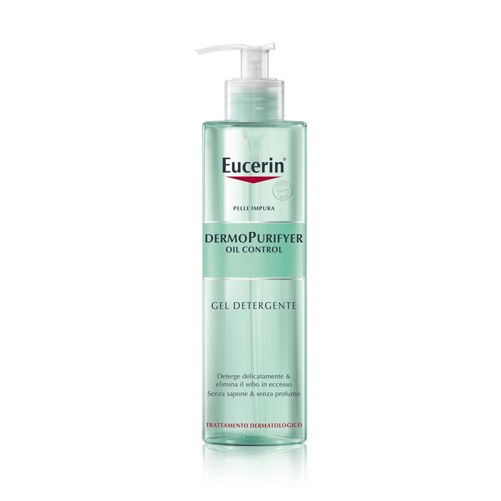 Eucerin DermoPurifyer Gel Detergente. Flacone trasparente con dosatore. Nome del prodotto e marchio visibili.