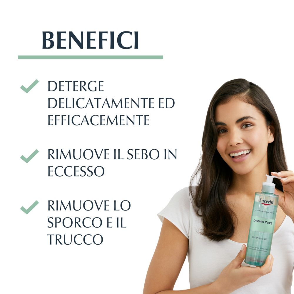 Donna con Eucerin DermoPurifyer Gel Detergente. Nome e marchio visibili. Testo sui benefici.