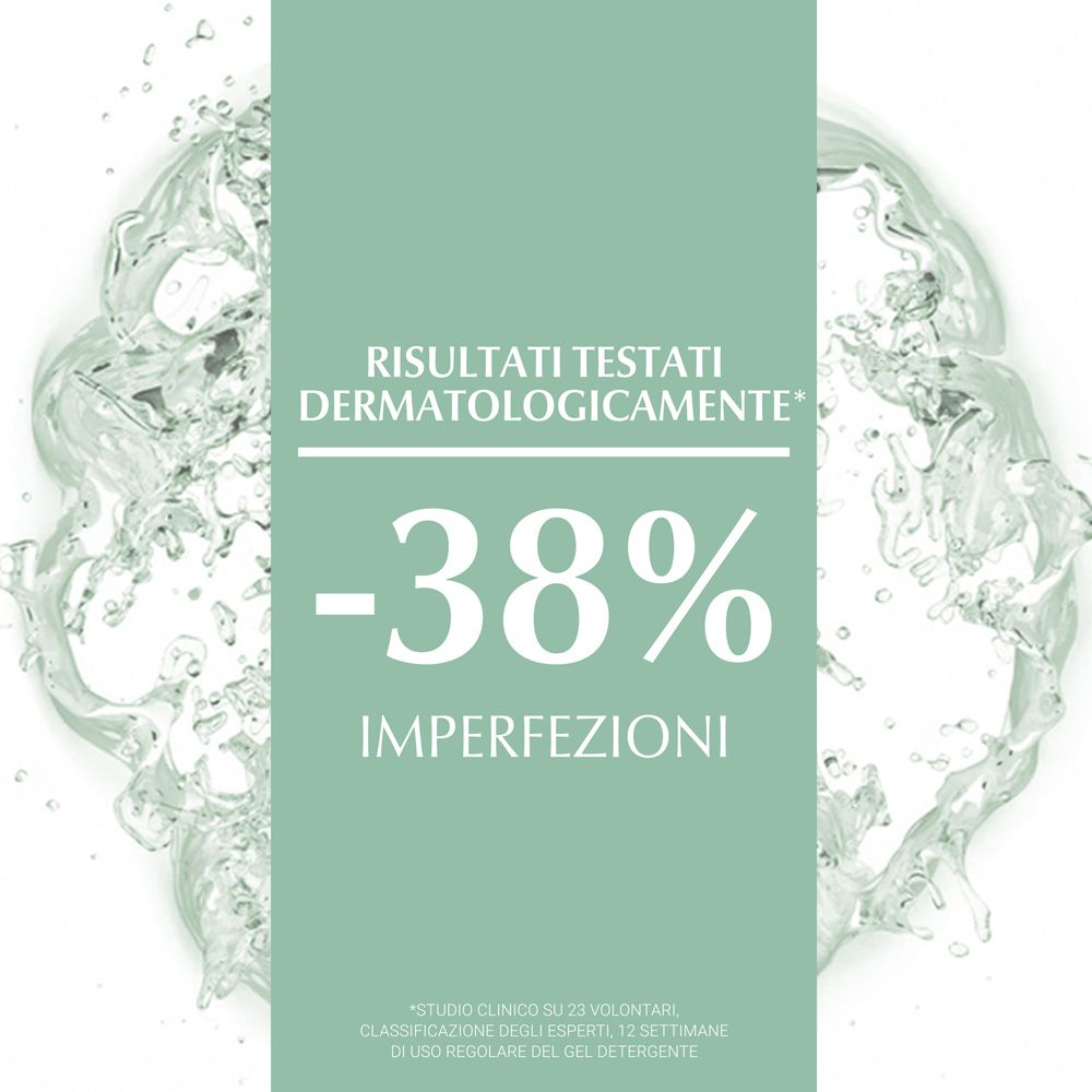 -38% imperfezioni. Testo sui risultati dermatologicamente testati. Effetto acqua.