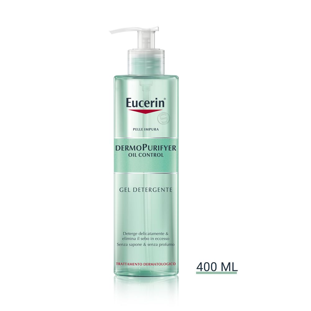 Eucerin DermoPurifyer Gel Detergente. Flacone trasparente con dosatore. 400 ml.