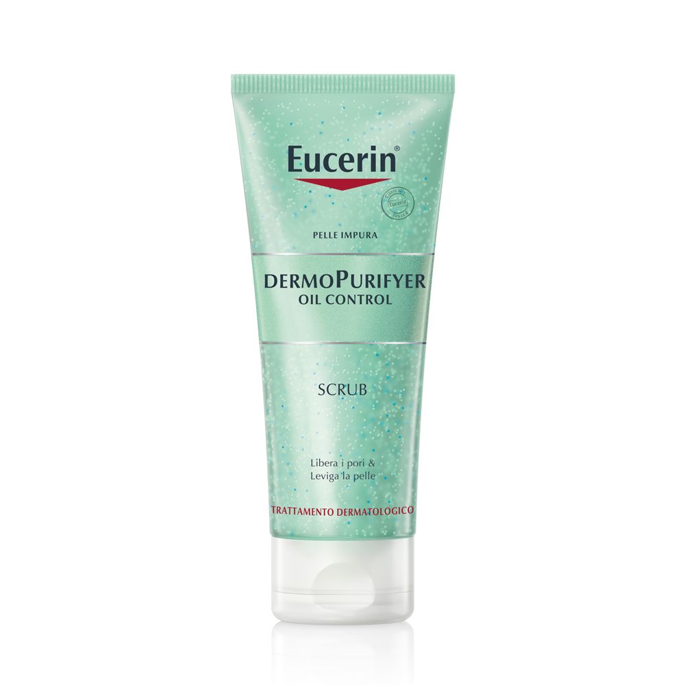 Eucerin DermoPurifyer Oil Control Peeling. Tubo di scrub verde. Tappo bianco. Marchio e nome del prodotto visibili.