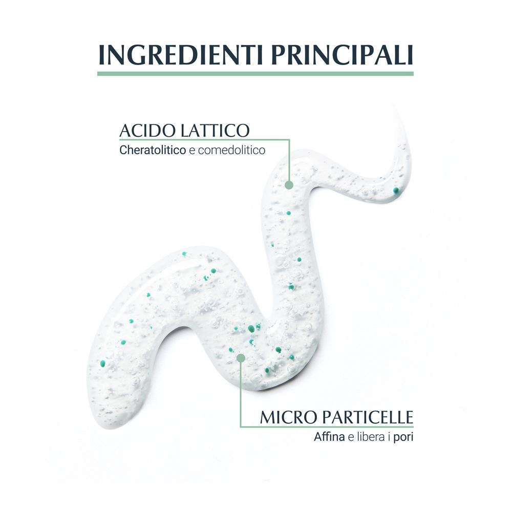 Ingredienti: Acido lattico e microparticelle. Testo: Affina e libera i pori.