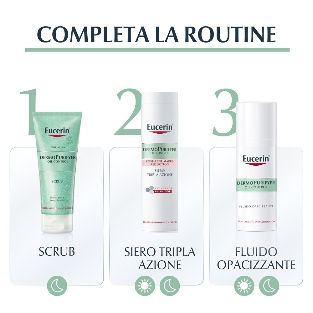 Routine completa: Scrub, siero, fluido opacizzante. Prodotti Eucerin.