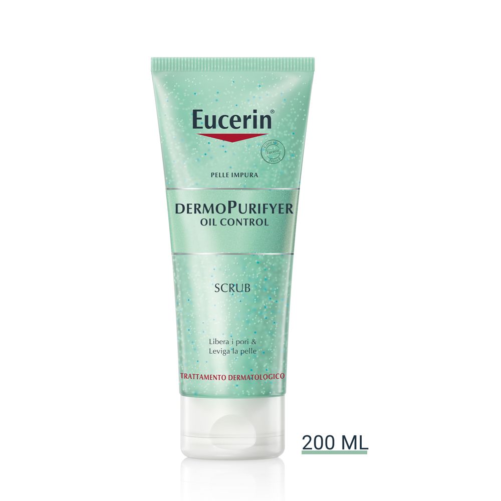 Eucerin DermoPurifyer Oil Control Peeling. Tubo da 200 ml. Scrub verde. Tappo bianco.