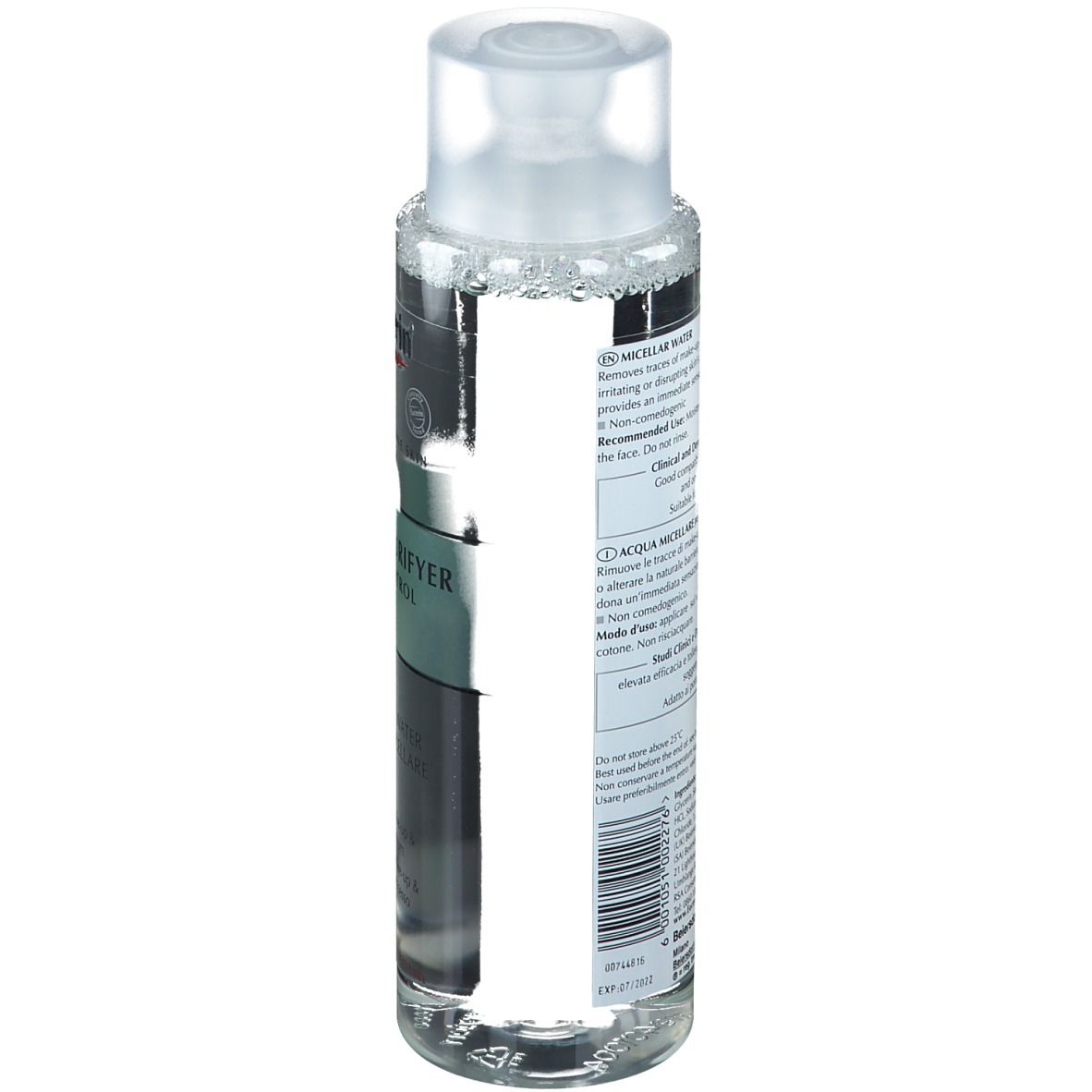 Eucerin DermoPurifyer Mizellenwasser Flasche. Rückseite mit Text. Enthält Informationen zur Anwendung und Inhaltsstoffe. Mit Barcode.