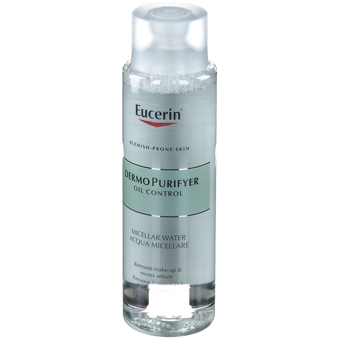 Eucerin DermoPurifyer Mizellenwasser Flasche. Transparentes Produkt mit weißem Deckel. Beschriftung: Blemish-prone skin, Oil Control.