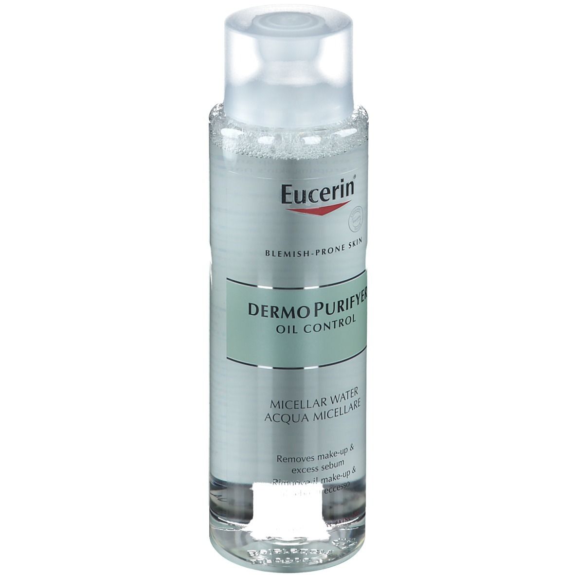 Eucerin DermoPurifyer Mizellenwasser Flasche. Transparentes Produkt mit weißem Deckel. Beschriftung: Blemish-prone skin, Oil Control.