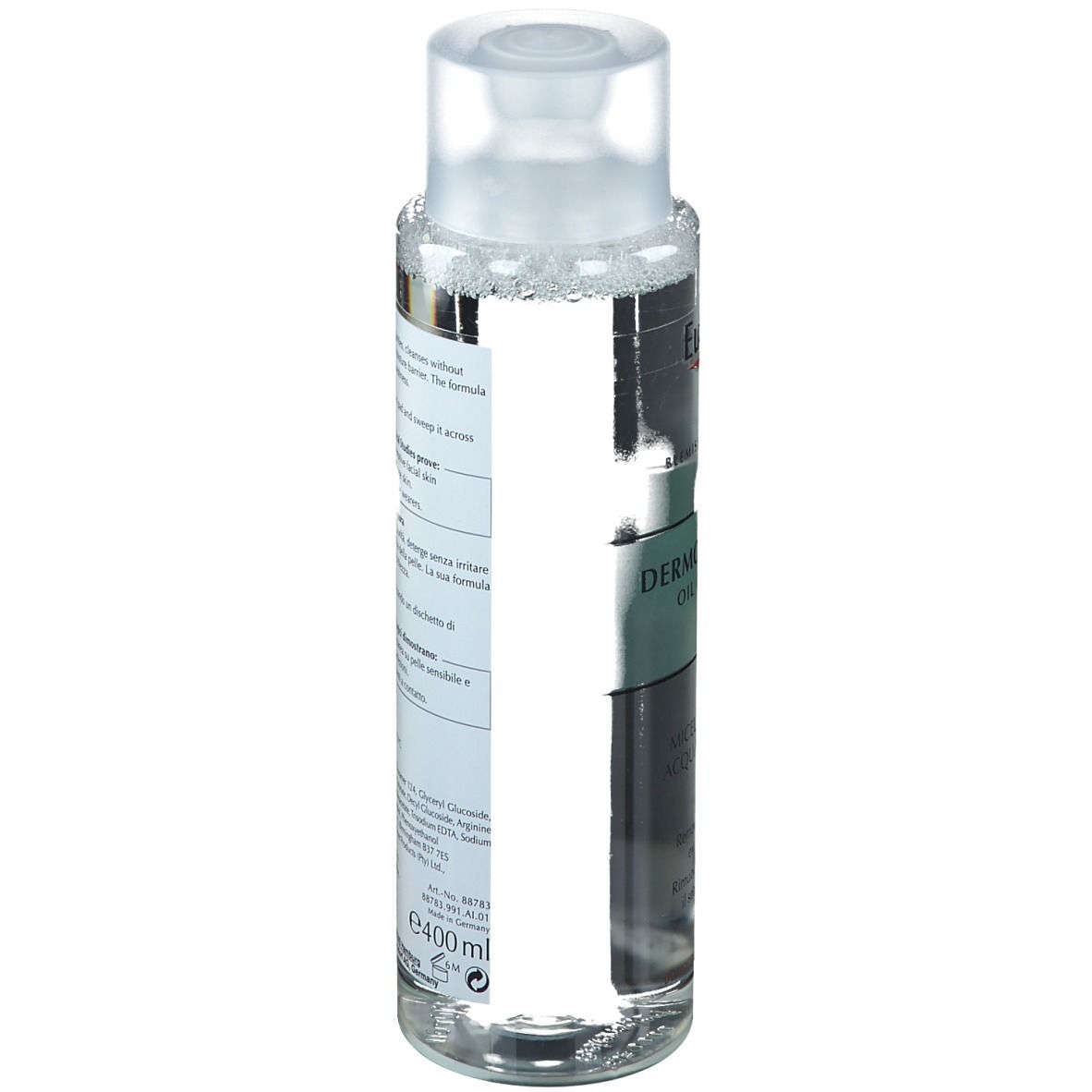Eucerin DermoPurifyer Mizellenwasser Flasche. Rückseite mit Text. Enthält Informationen zu Inhaltsstoffen und Anwendung. 400ml.
