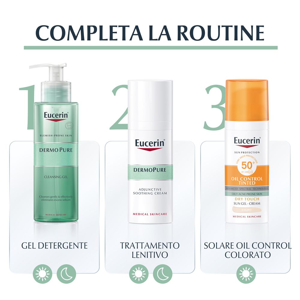 Drei Eucerin-Produkte. Reinigungsgel, beruhigende Creme, getönte Sonnencreme. Routine.