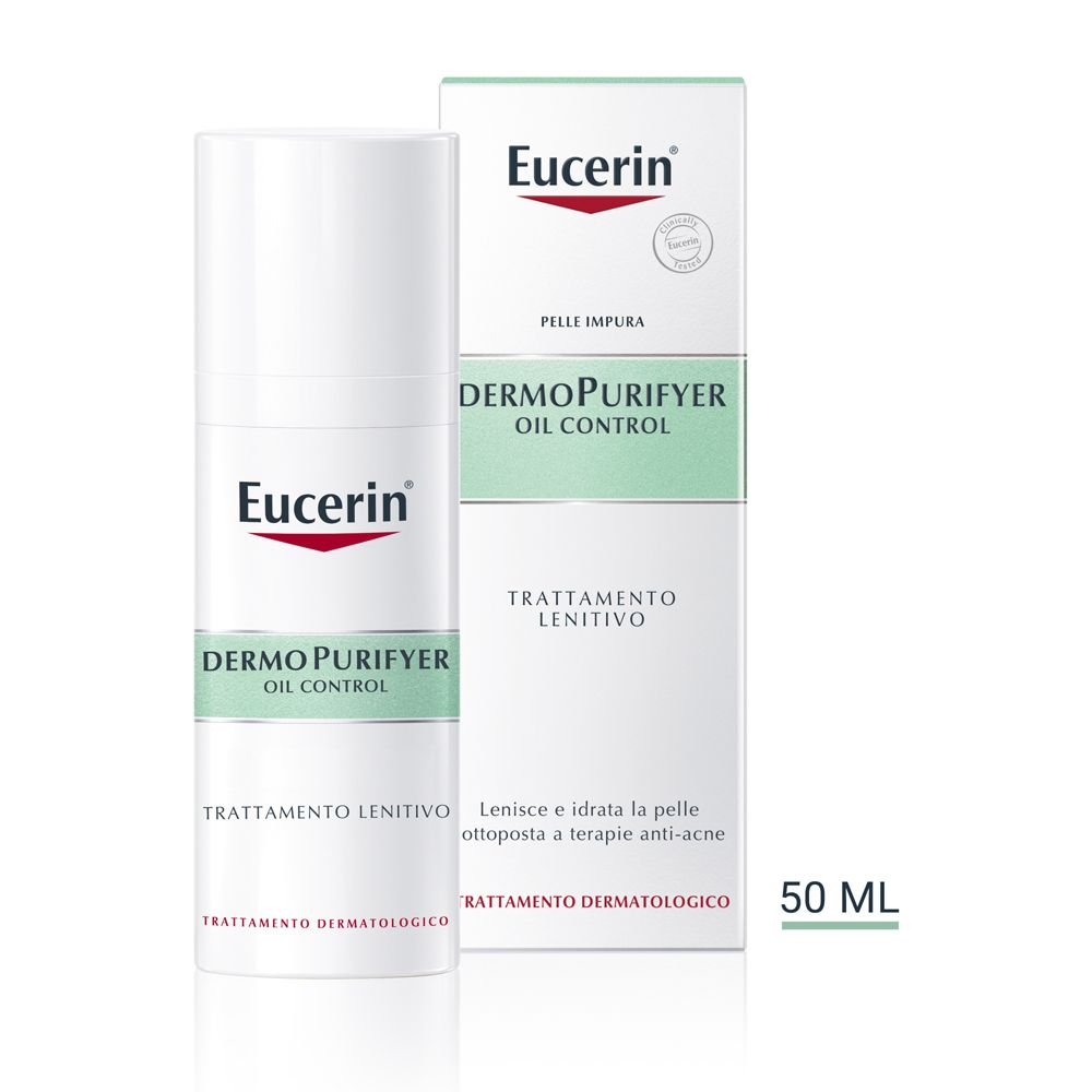 Eucerin DermoPurifyer Öl Kontrolle. Weiße Flasche und Verpackung. 50 ml.