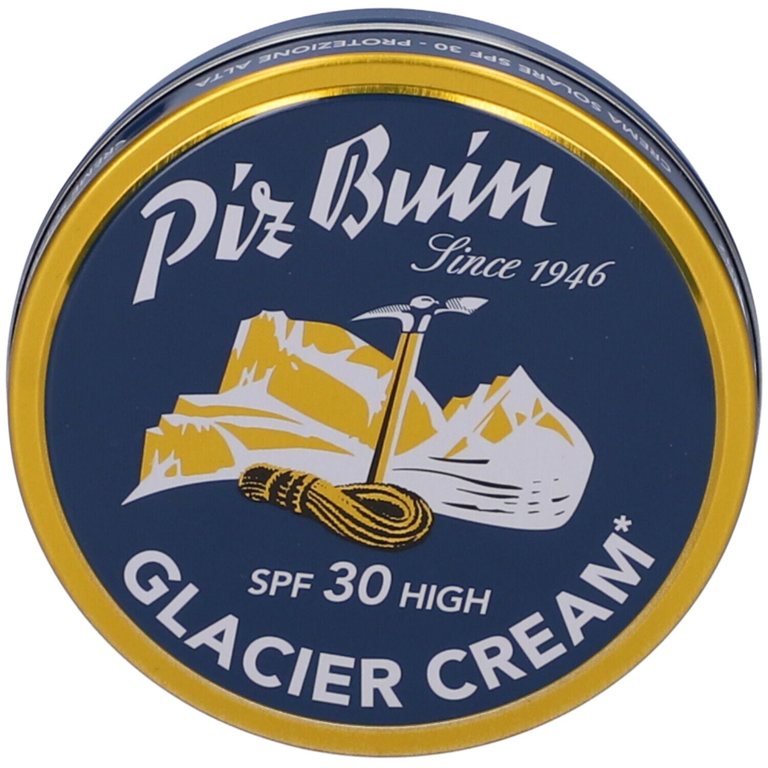 Barattolo rotondo blu. Scritta: Piz Buin, Glacier Cream, SPF 30. Motivo montagna giallo.