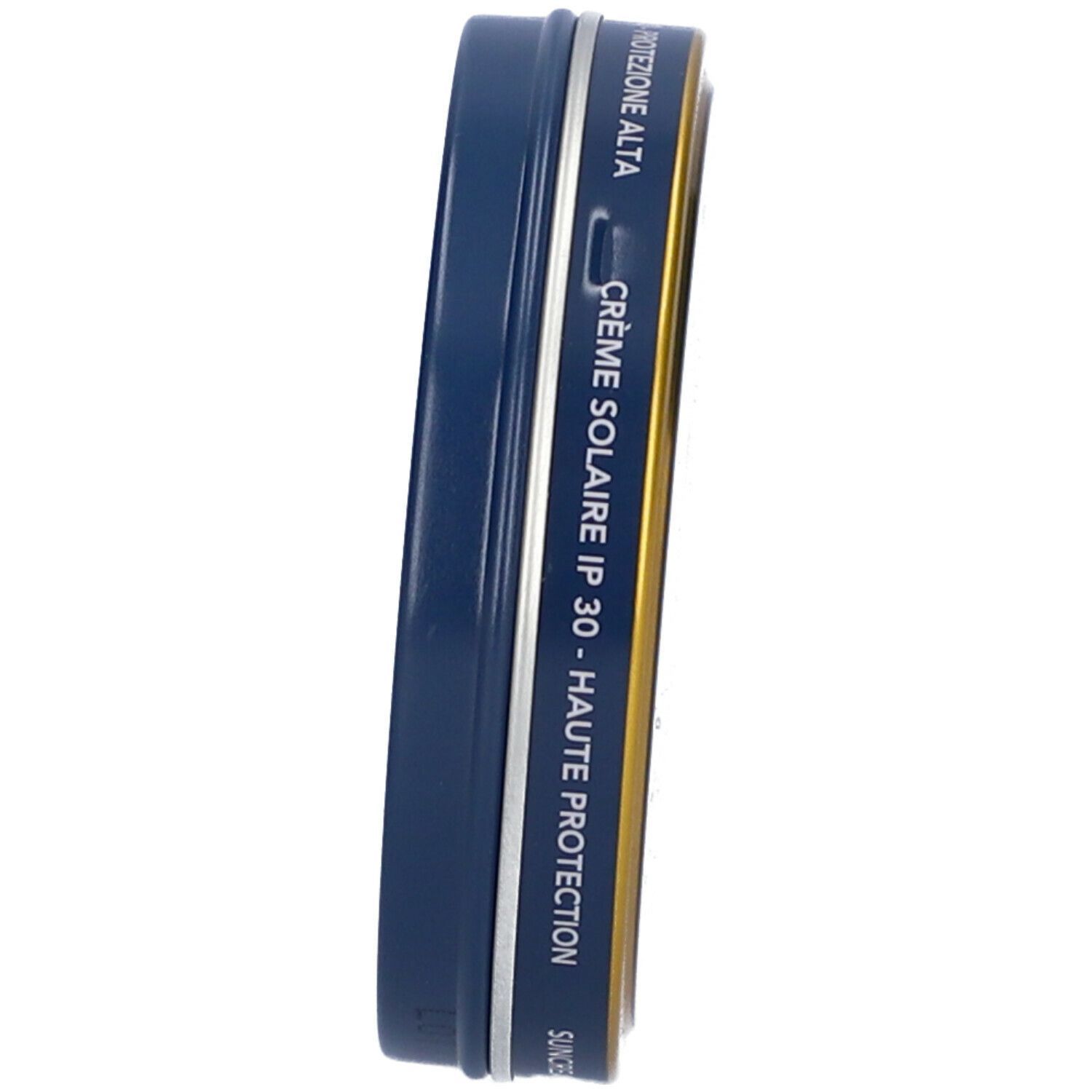 Barattolo blu con bordo giallo. Scritta: Crema Solare IP 30. Alta protezione.