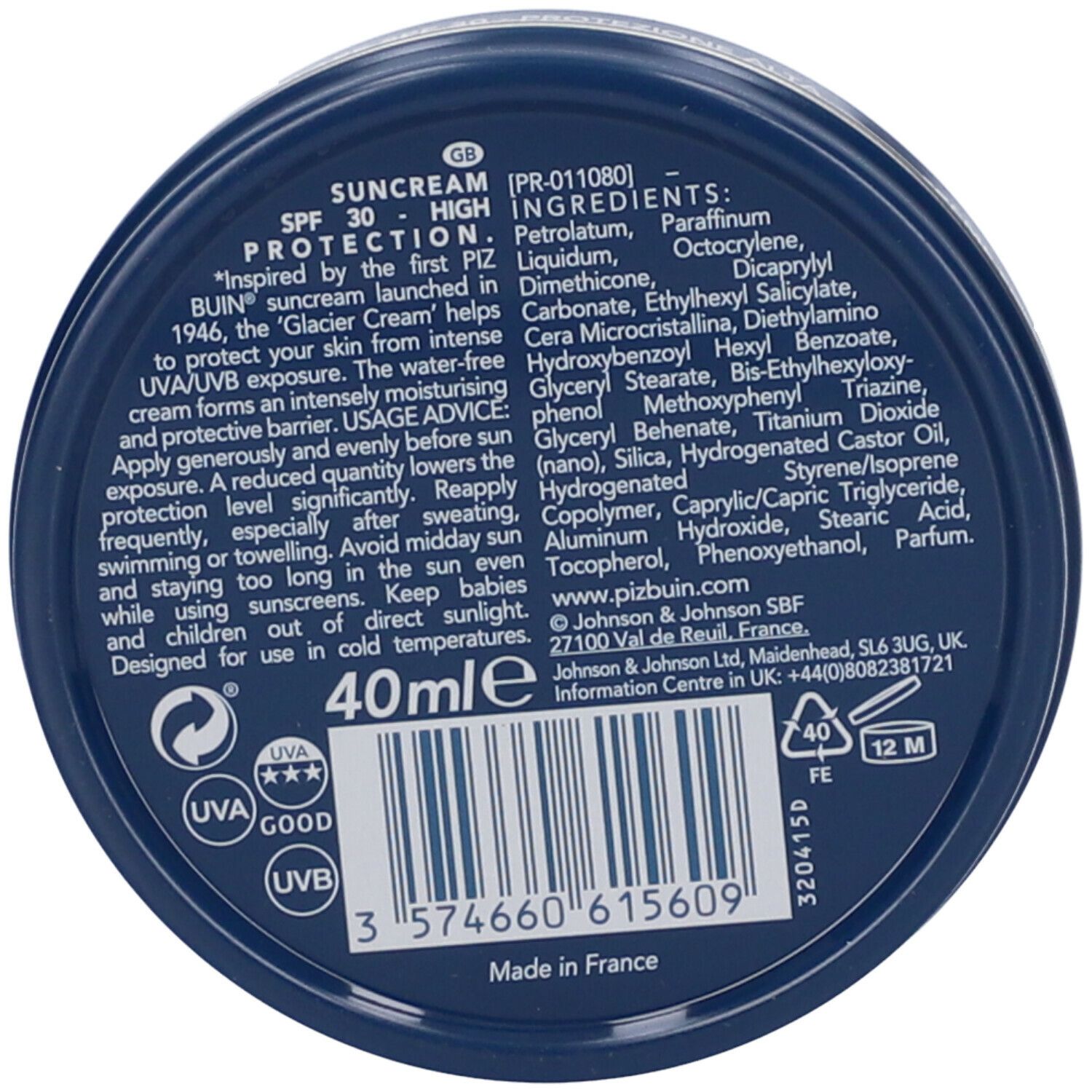 Fondo del barattolo con ingredienti e istruzioni per l'uso. 40ml. Protezione UVA/UVB. Fatto in Francia.