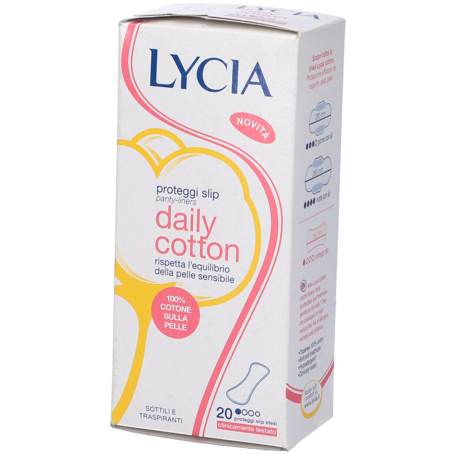Confezione di Lycia Daily Cotton. Design rosa e giallo con nome e caratteristiche del prodotto. Contiene 20 salvaslip.